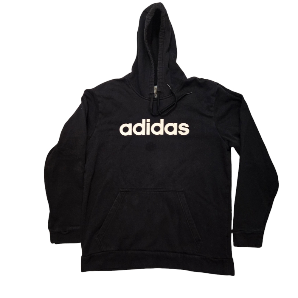 Black Adidas Hoodie Sweatshirt with White adidas writing on chest Size L